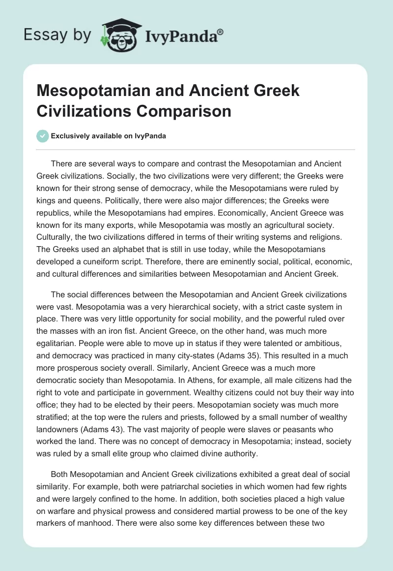 Mesopotamian and Ancient Greek Civilizations Comparison. Page 1