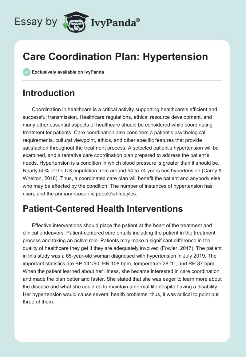 Care Coordination Plan: Hypertension. Page 1