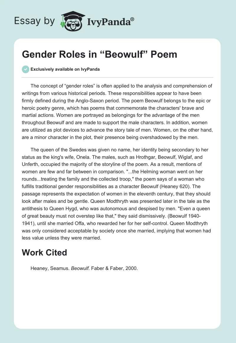 Gender Roles in “Beowulf” Poem. Page 1