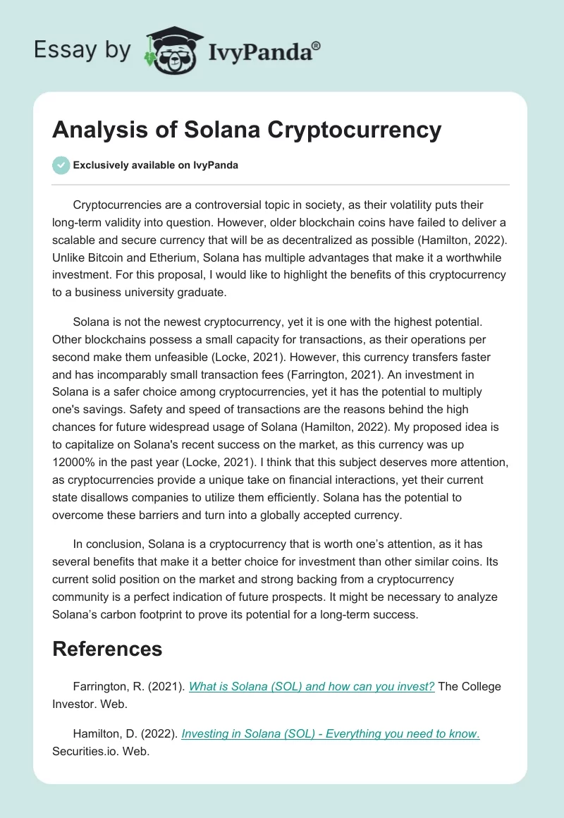 Analysis of Solana Cryptocurrency. Page 1