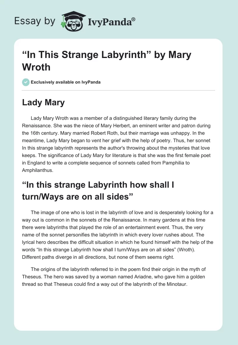 “In This Strange Labyrinth” by Mary Wroth. Page 1