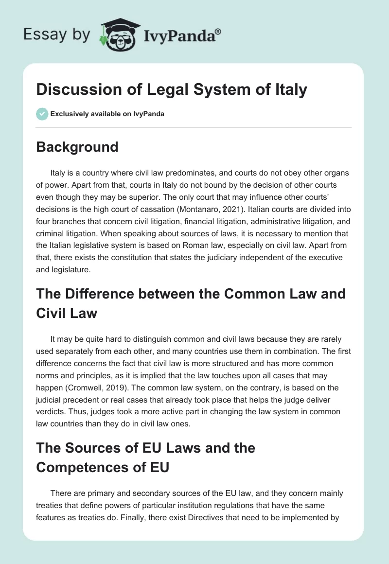 Discussion of Legal System of Italy. Page 1
