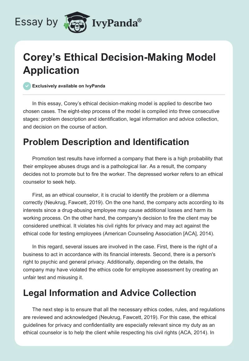 Corey’s Ethical Decision-Making Model Application. Page 1