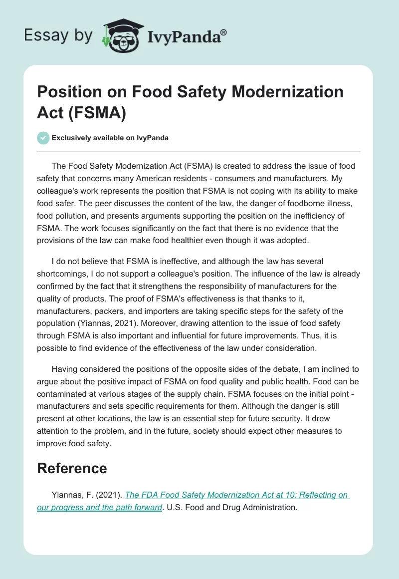 Position on Food Safety Modernization Act (FSMA). Page 1