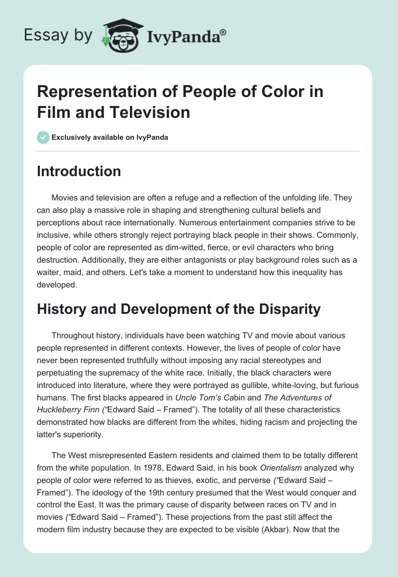 Representation of People of Color in Film and Television. Page 1