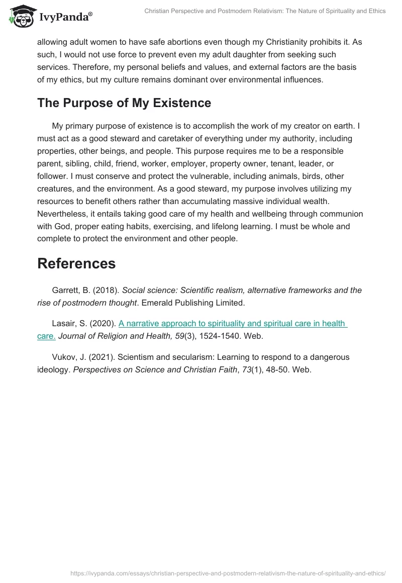 Christian Perspective and Postmodern Relativism: The Nature of Spirituality and Ethics. Page 5