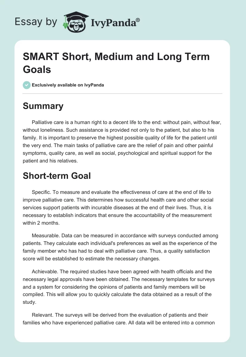 SMART Short, Medium and Long Term Goals. Page 1