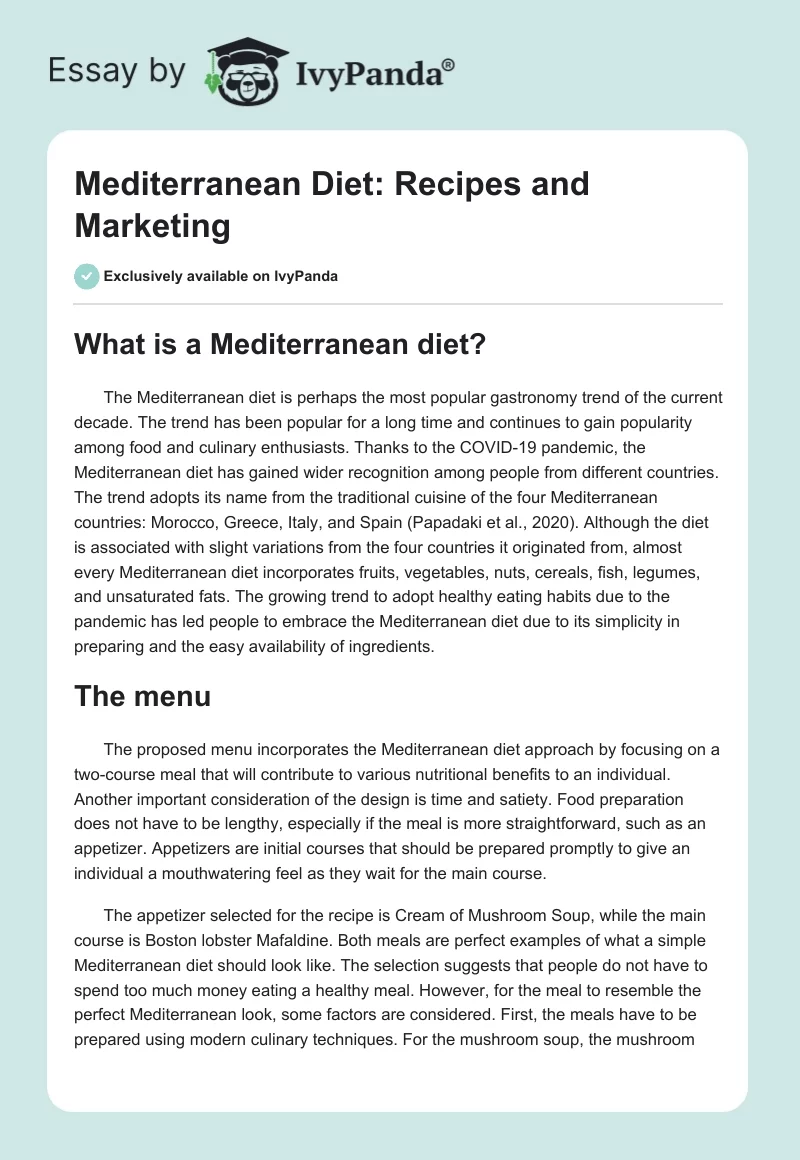 Mediterranean Diet: Recipes and Marketing. Page 1