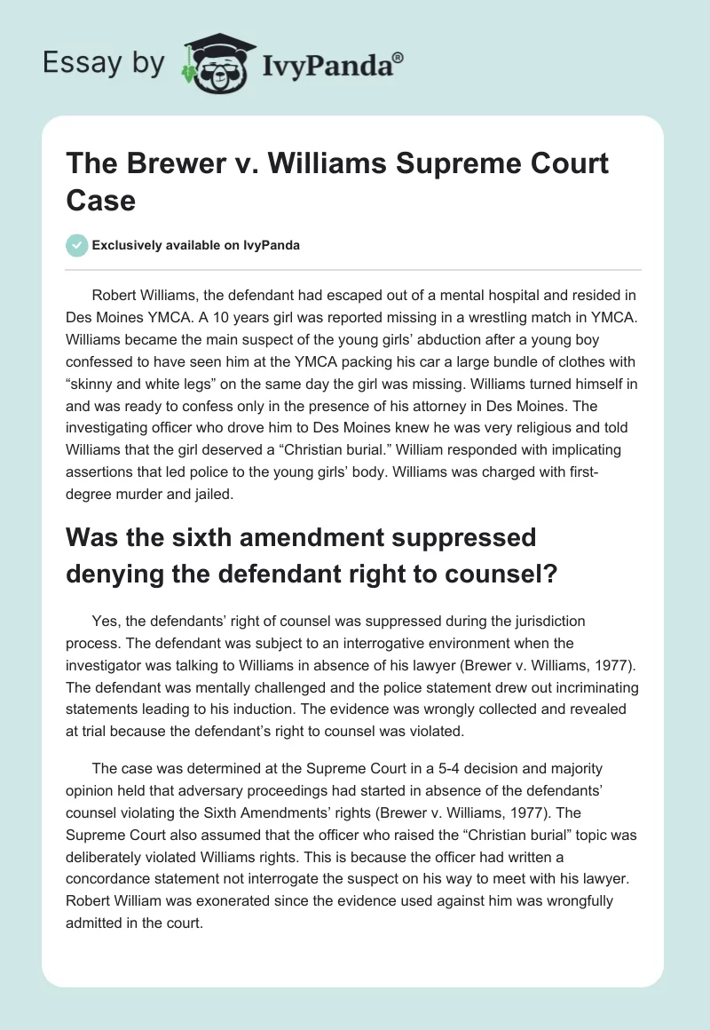 The Brewer vs. Williams Supreme Court Case. Page 1