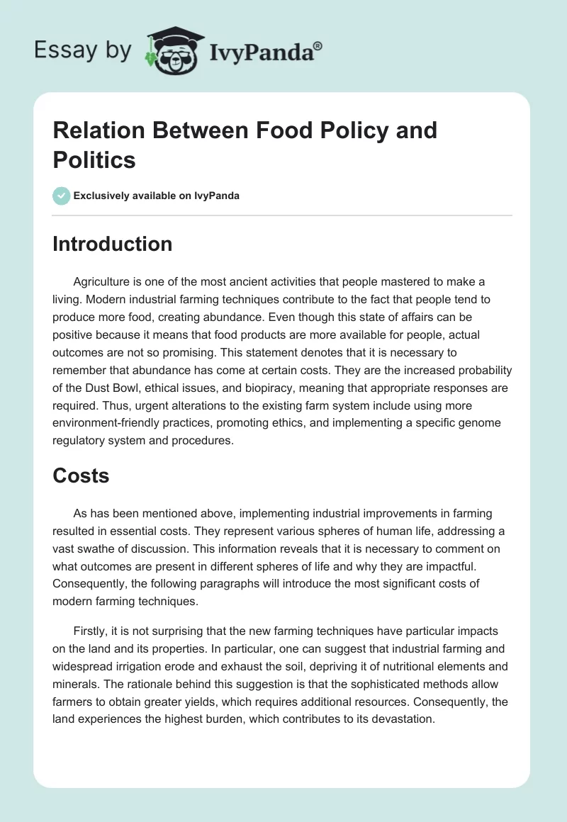 Relation Between Food Policy and Politics. Page 1