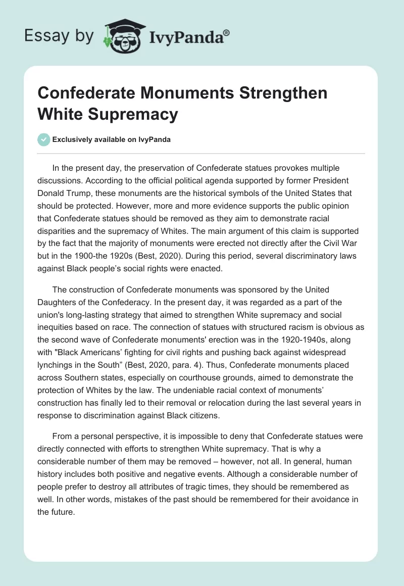 Confederate Monuments Strengthen White Supremacy. Page 1