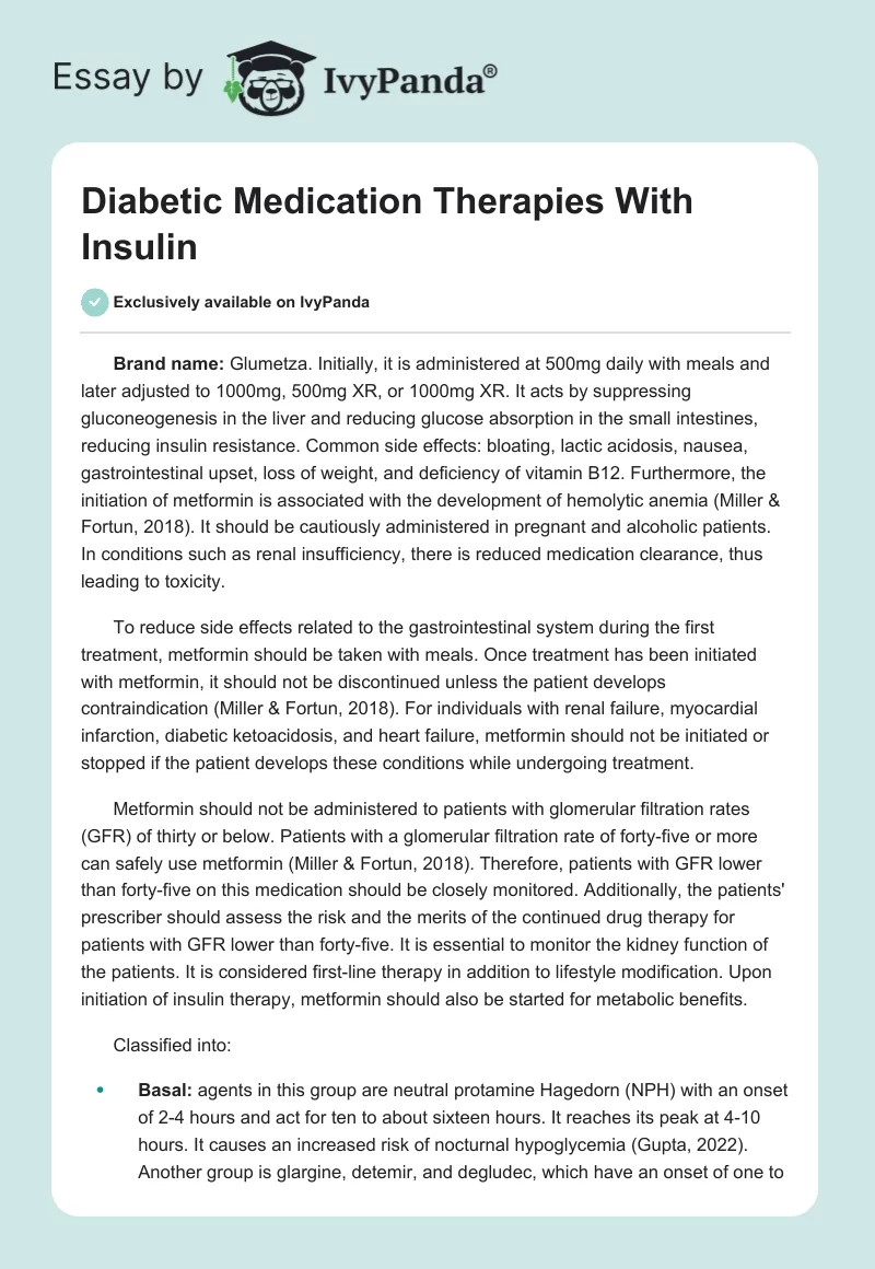 Diabetic Medication Therapies With Insulin. Page 1