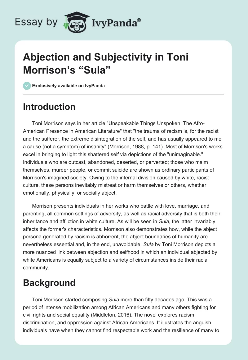 Abjection and Subjectivity in Toni Morrison’s “Sula”. Page 1