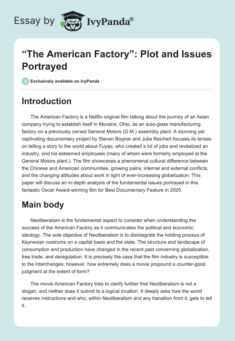 “The American Factory”: Plot and Issues Portrayed. Page 1
