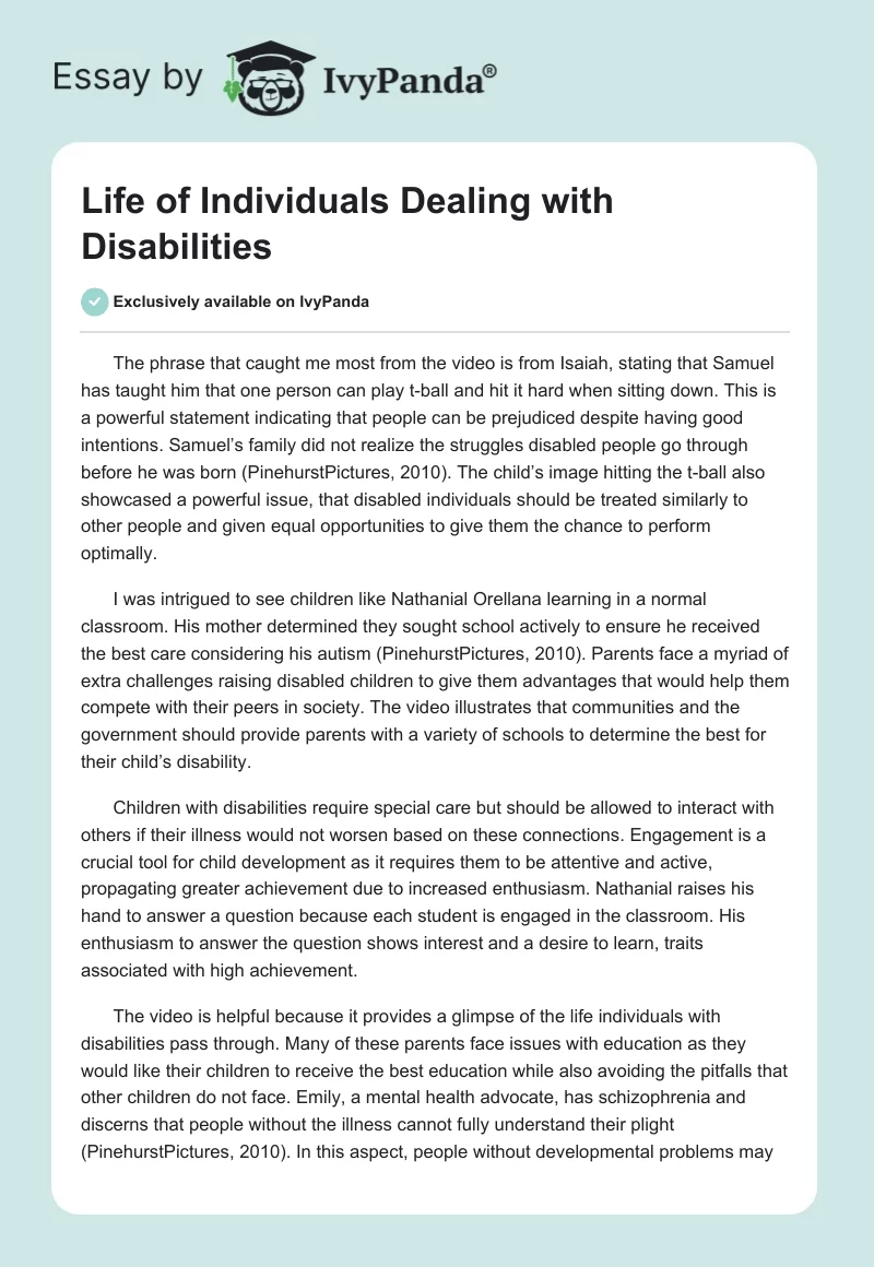 Life of Individuals Dealing with Disabilities. Page 1