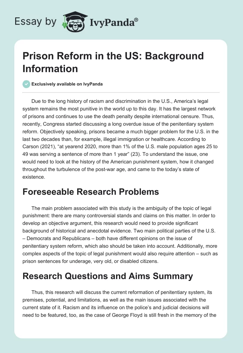 Prison Reform in the US: Background Information. Page 1