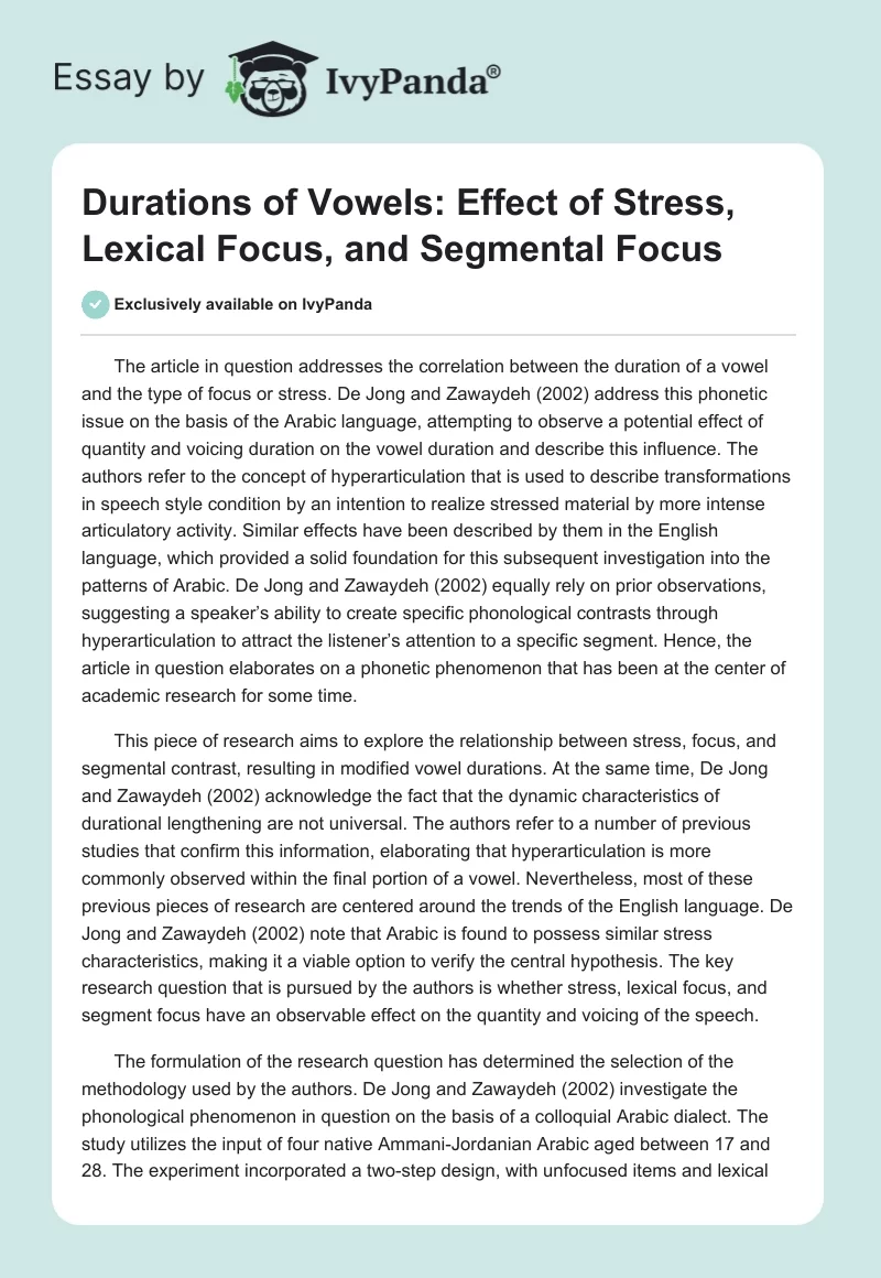 Durations of Vowels: Effect of Stress, Lexical Focus, and Segmental Focus. Page 1