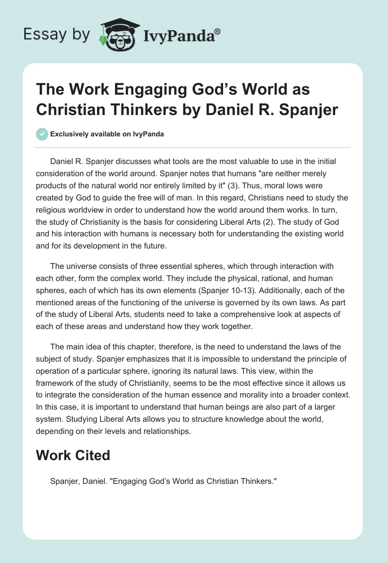 The Work "Engaging God’s World as Christian Thinkers" by Daniel R. Spanjer. Page 1