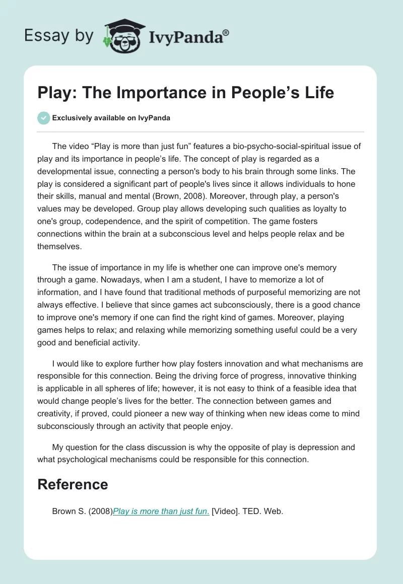 Play: The Importance in People’s Life. Page 1