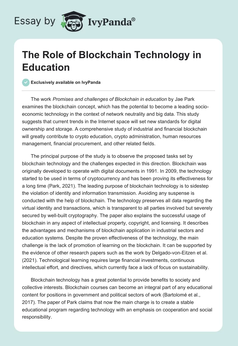 The Role of Blockchain Technology in Education. Page 1