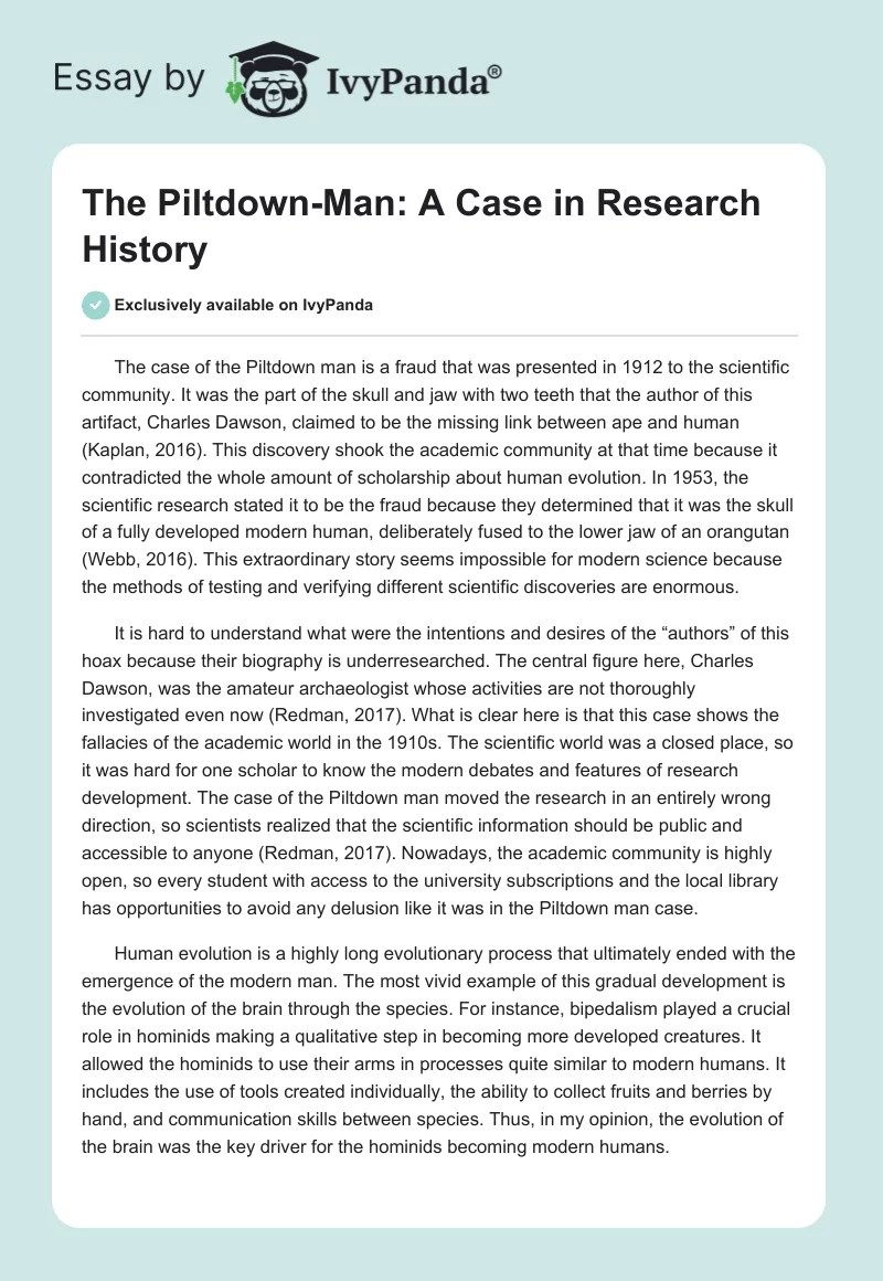 The Piltdown-Man: A Case in Research History. Page 1