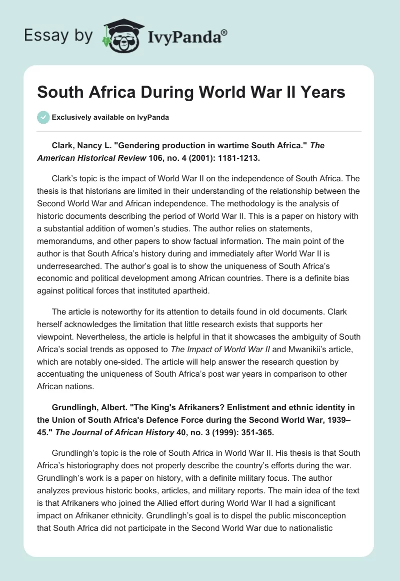 South Africa During World War II Years. Page 1
