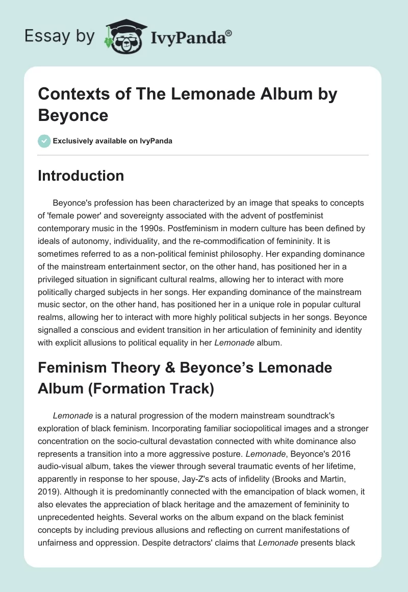 Contexts of The Lemonade Album by Beyonce. Page 1