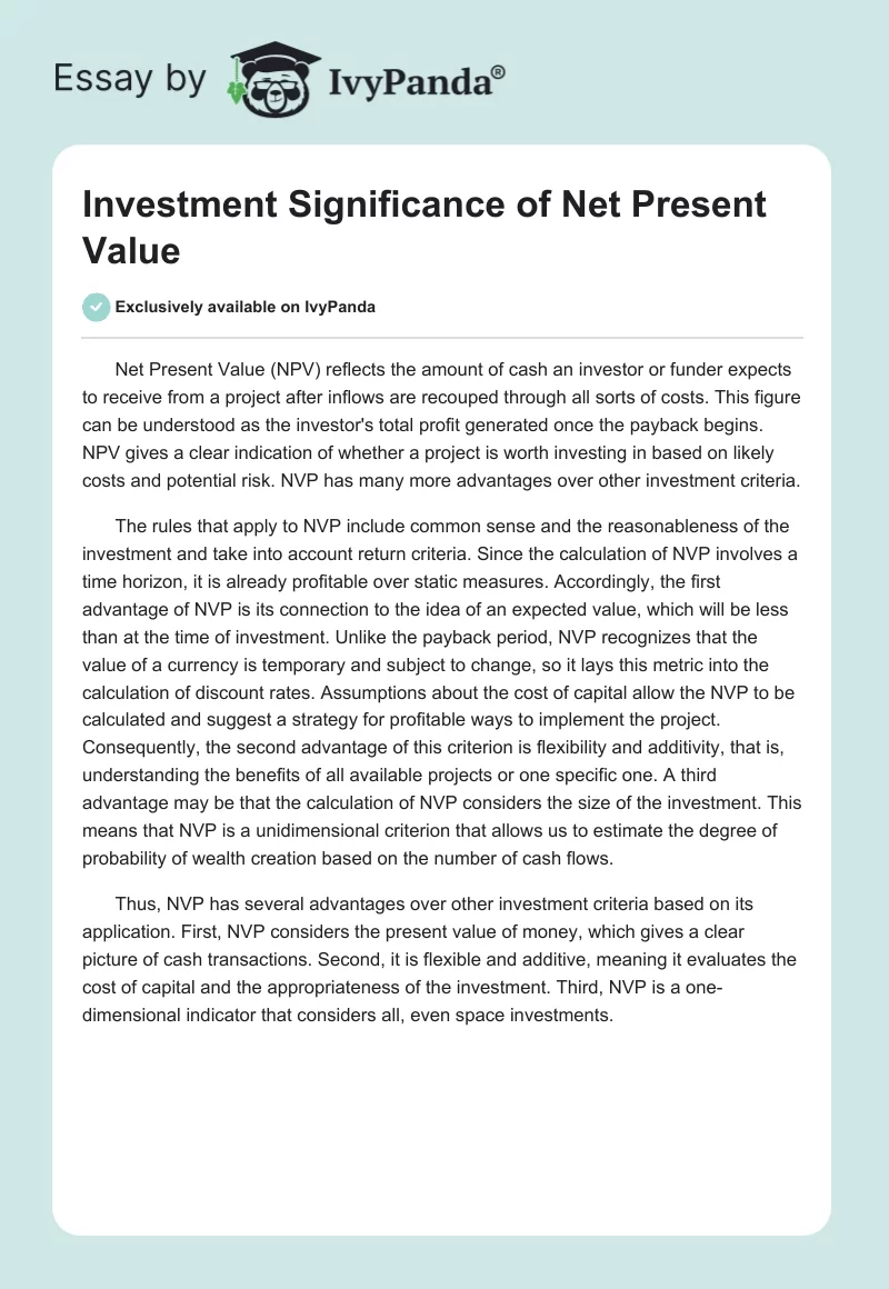 Investment Significance of Net Present Value. Page 1