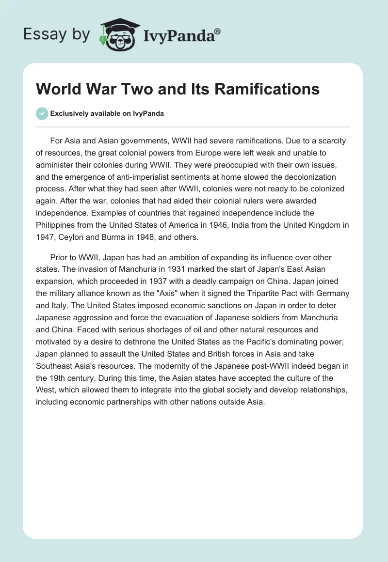 World War Two and Its Ramifications. Page 1