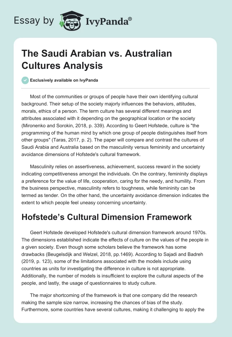 The Saudi Arabian vs. Australian Cultures Analysis. Page 1