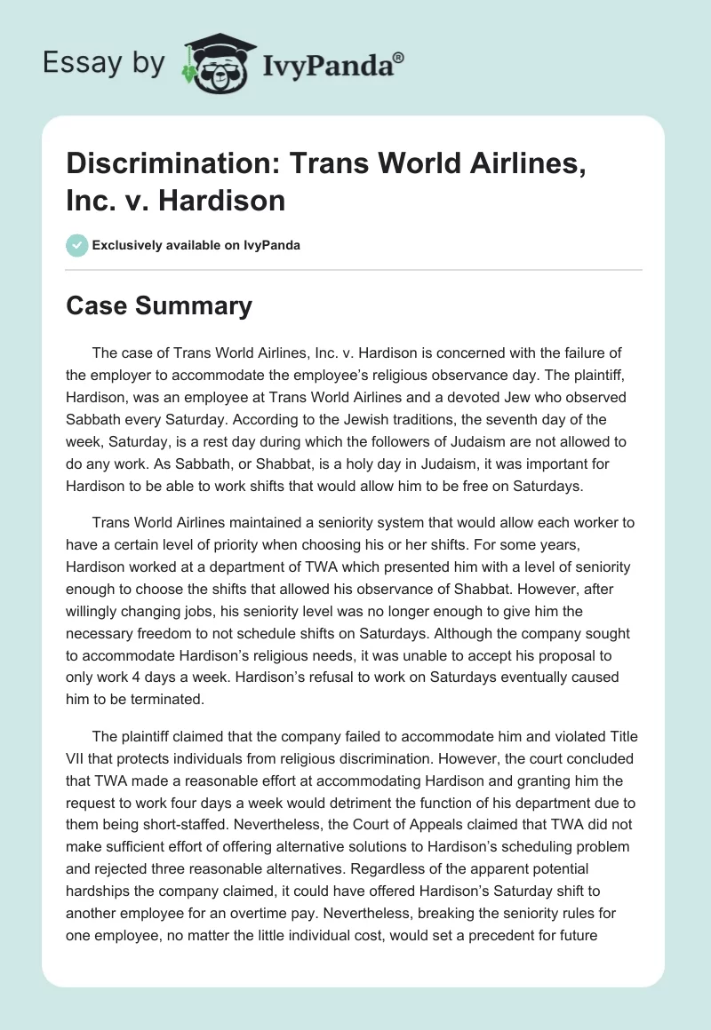 Discrimination: Trans World Airlines, Inc. vs. Hardison. Page 1