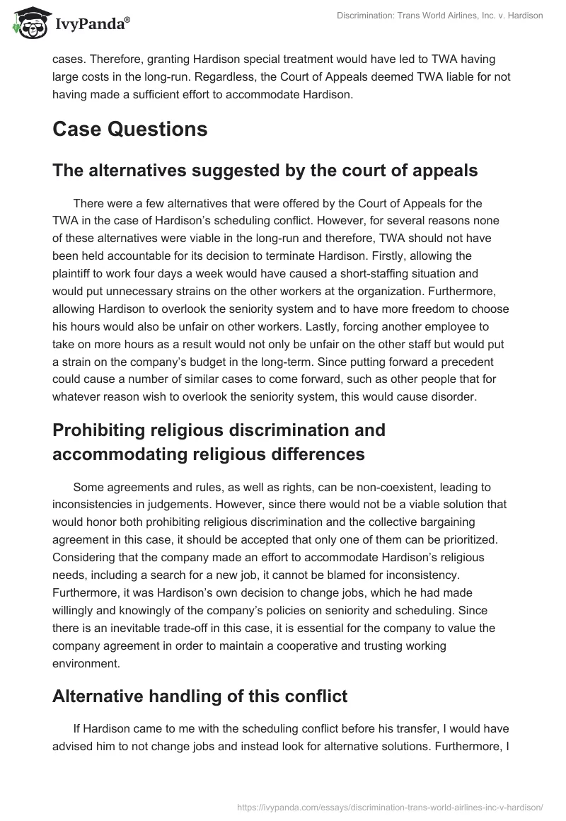Discrimination: Trans World Airlines, Inc. vs. Hardison. Page 2