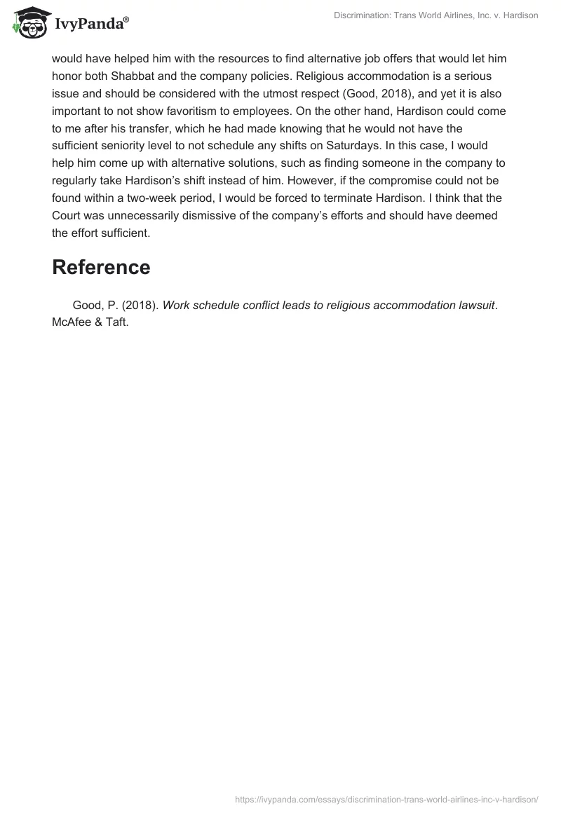 Discrimination: Trans World Airlines, Inc. vs. Hardison. Page 3