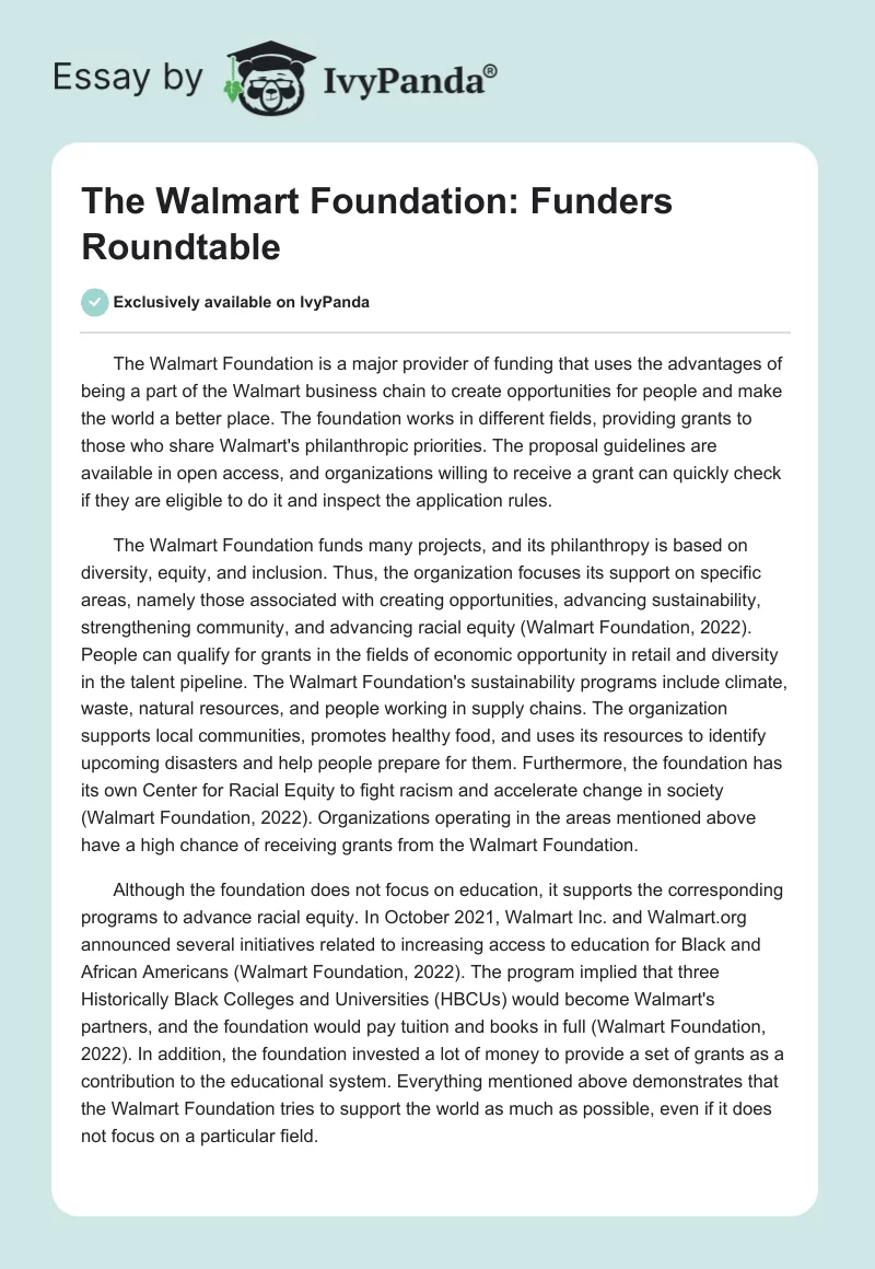 The Walmart Foundation: Funders Roundtable. Page 1