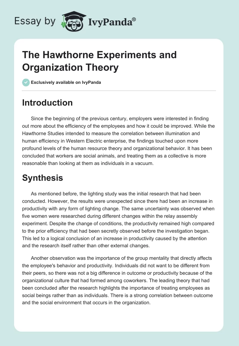 The Hawthorne Experiments and Organization Theory. Page 1