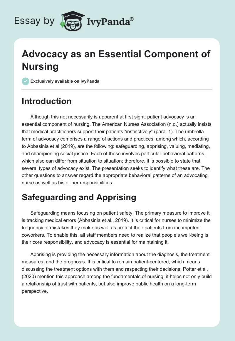 Advocacy as an Essential Component of Nursing. Page 1