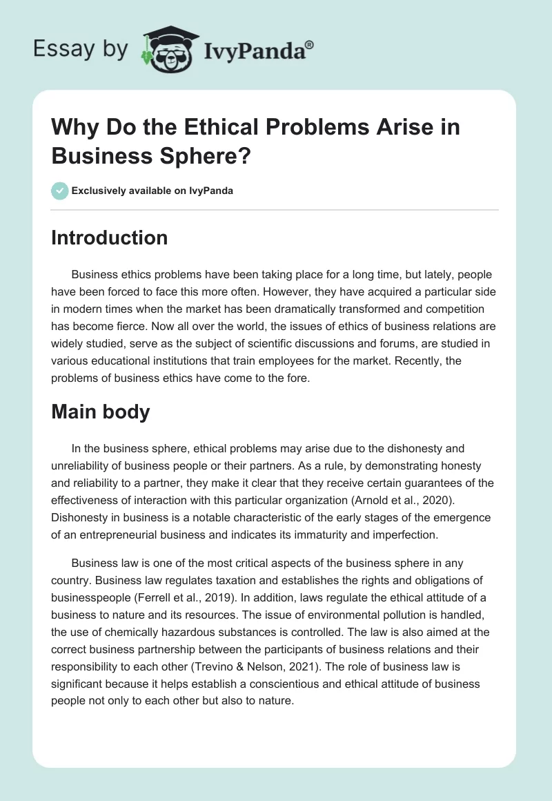 Why Do the Ethical Problems Arise in Business Sphere?. Page 1