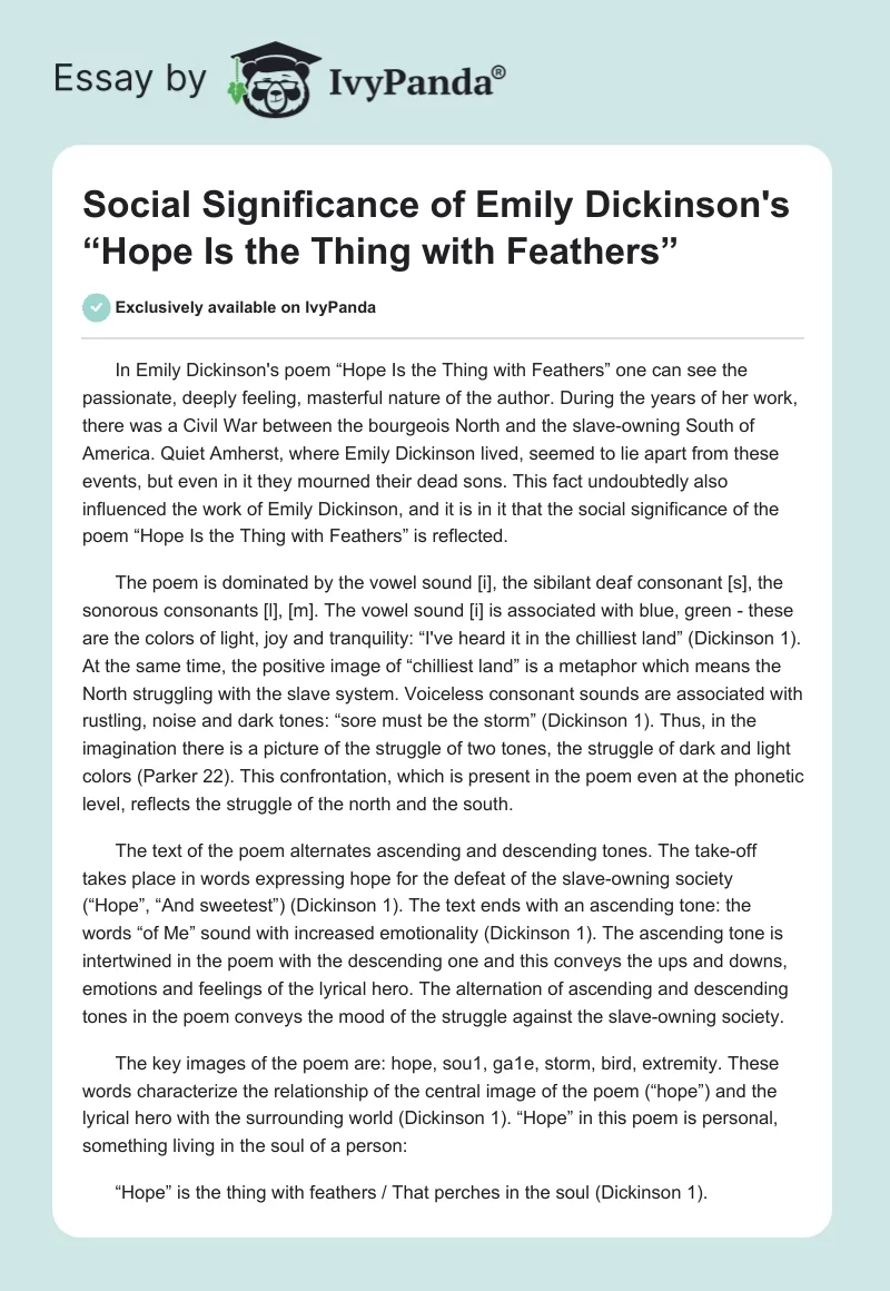 Social Significance of Emily Dickinson's “Hope Is the Thing with Feathers”. Page 1