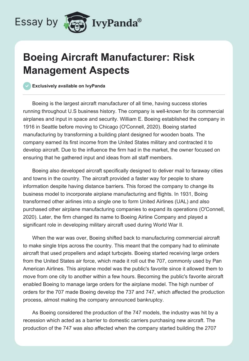 Boeing Aircraft Manufacturer: Risk Management Aspects. Page 1