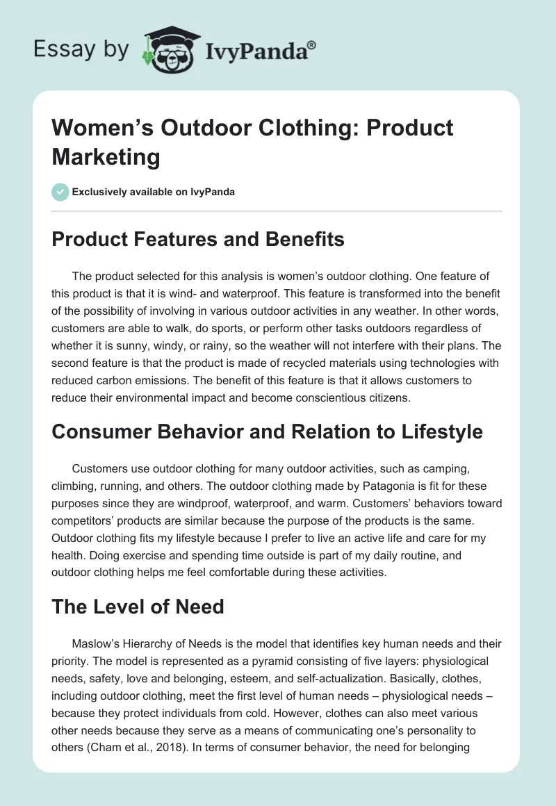Women’s Outdoor Clothing: Product Marketing. Page 1