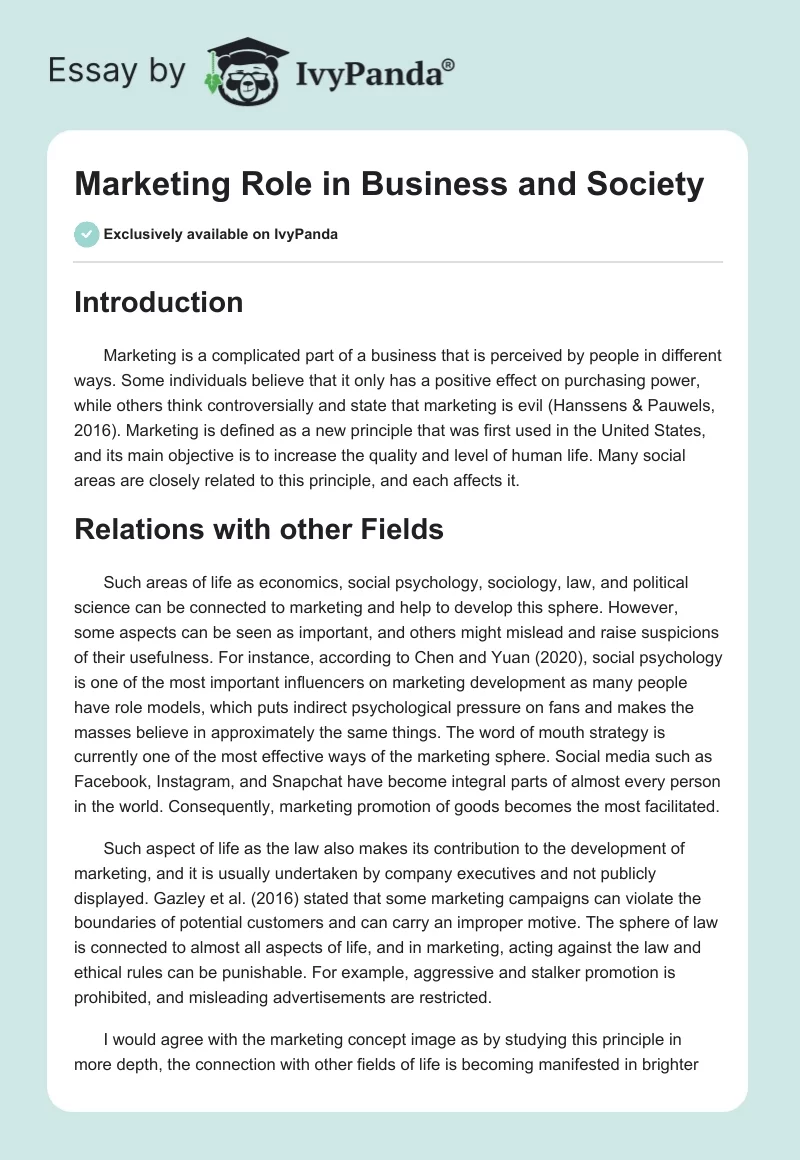 Marketing Role in Business and Society. Page 1