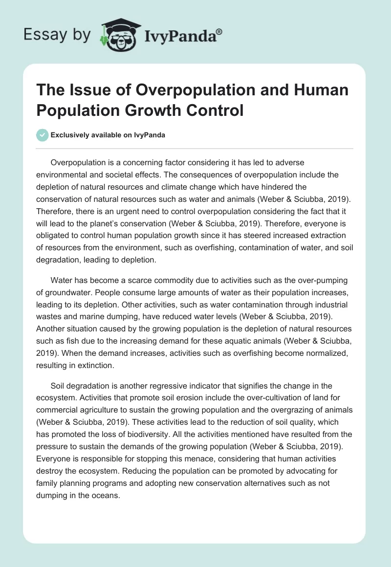 The Issue of Overpopulation and Human Population Growth Control. Page 1