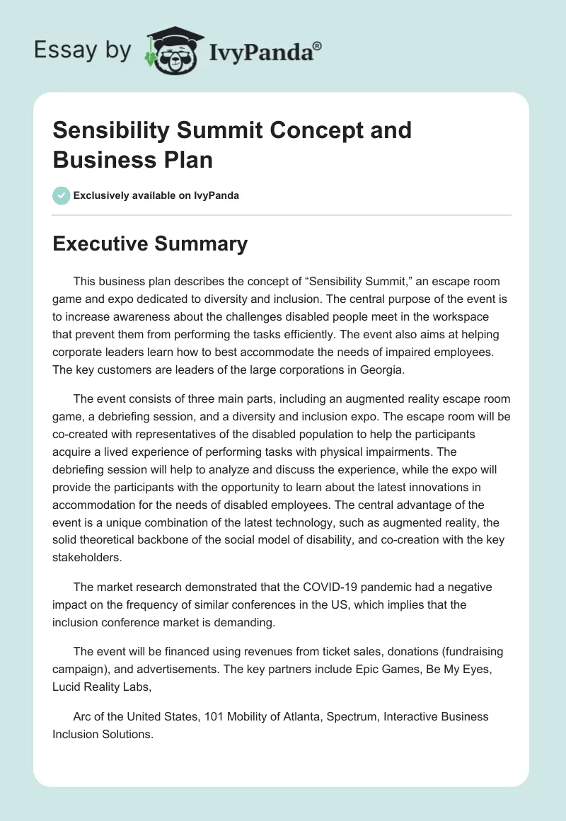 "Sensibility Summit" Concept and Business Plan. Page 1