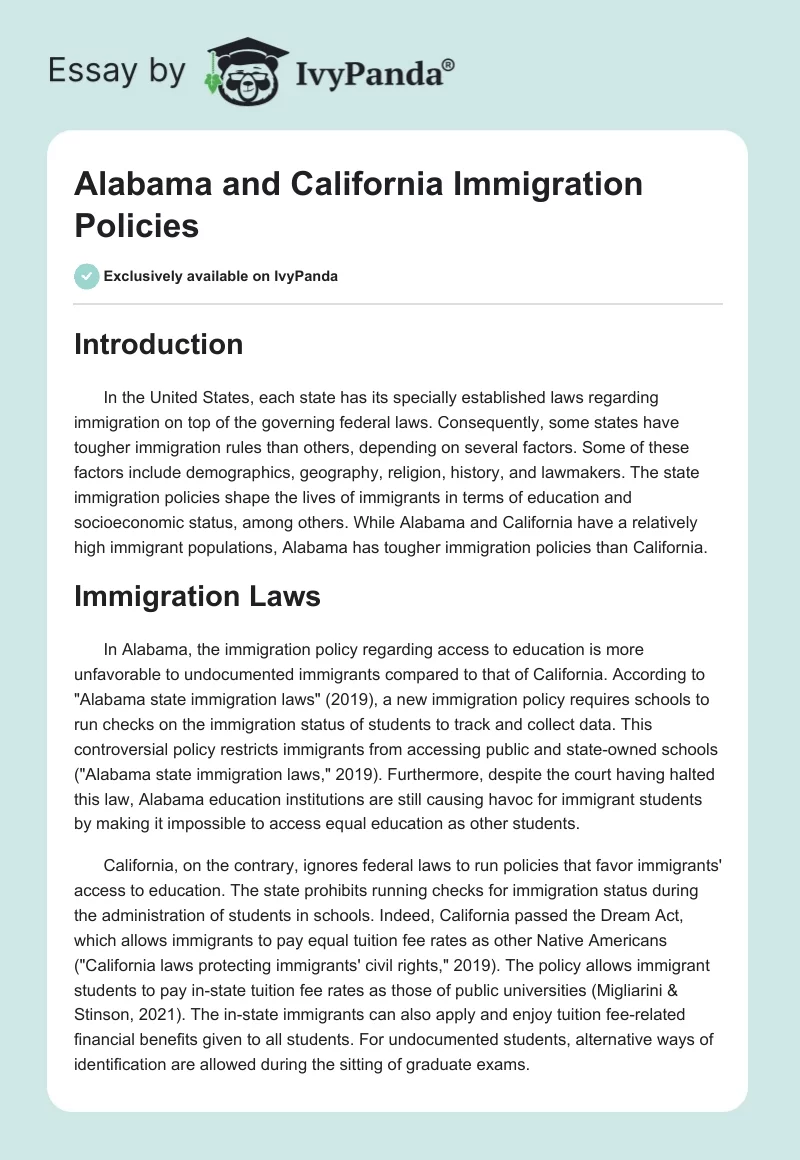 Alabama and California Immigration Policies. Page 1