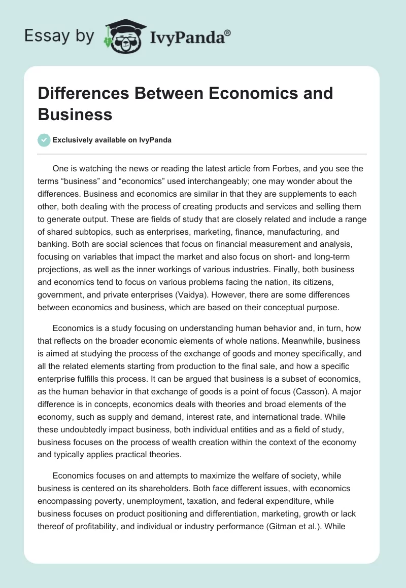 Differences Between Economics and Business. Page 1