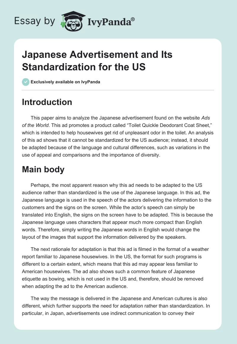 Japanese Advertisement and Its Standardization for the US. Page 1