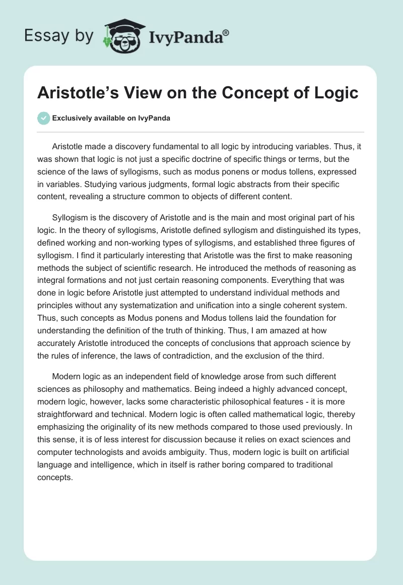 Aristotle’s View on the Concept of Logic. Page 1