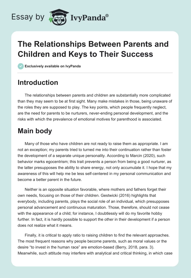 The Relationships Between Parents and Children and Keys to Their Success. Page 1