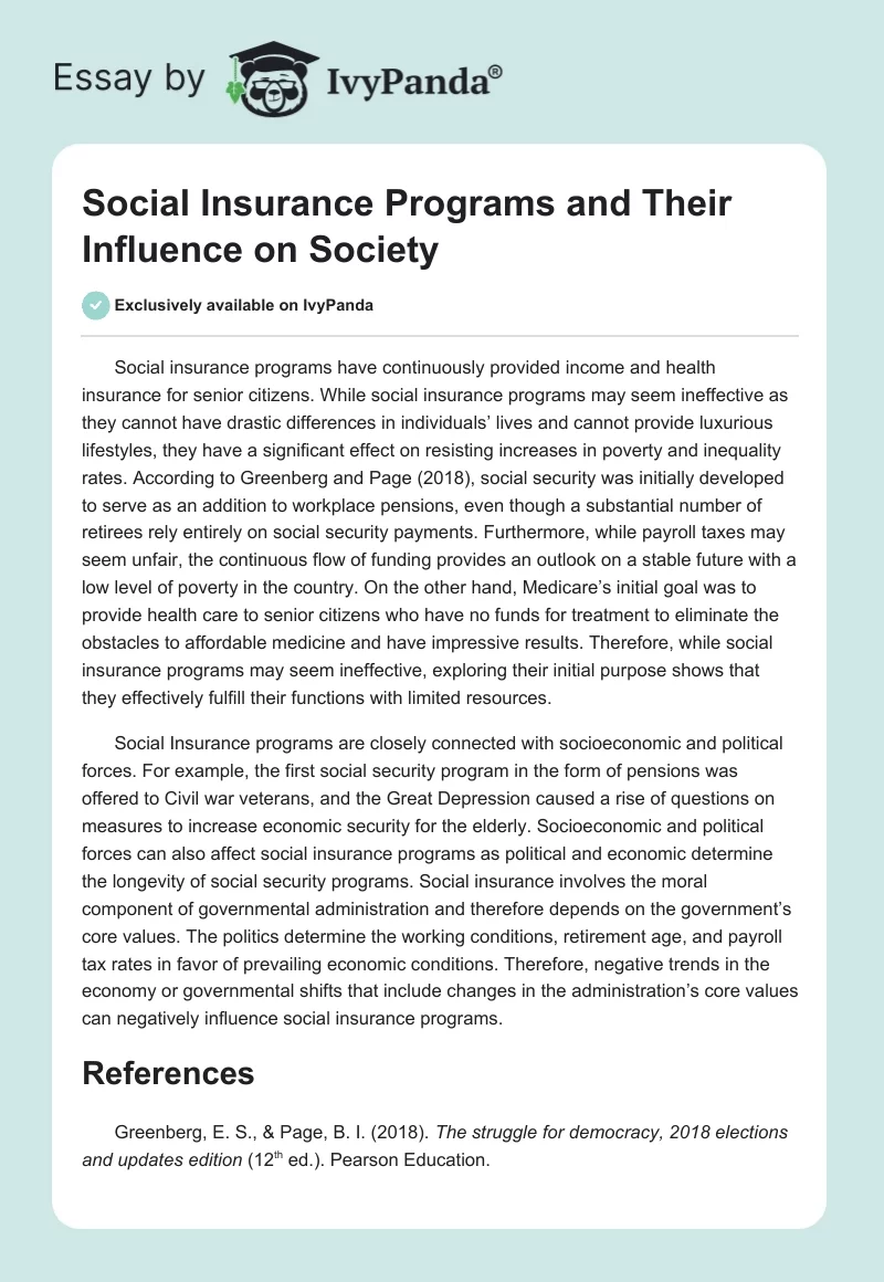 Social Insurance Programs and Their Influence on Society. Page 1