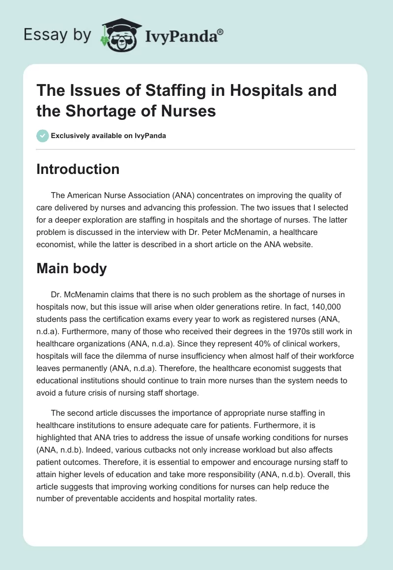 The Issues of Staffing in Hospitals and the Shortage of Nurses. Page 1
